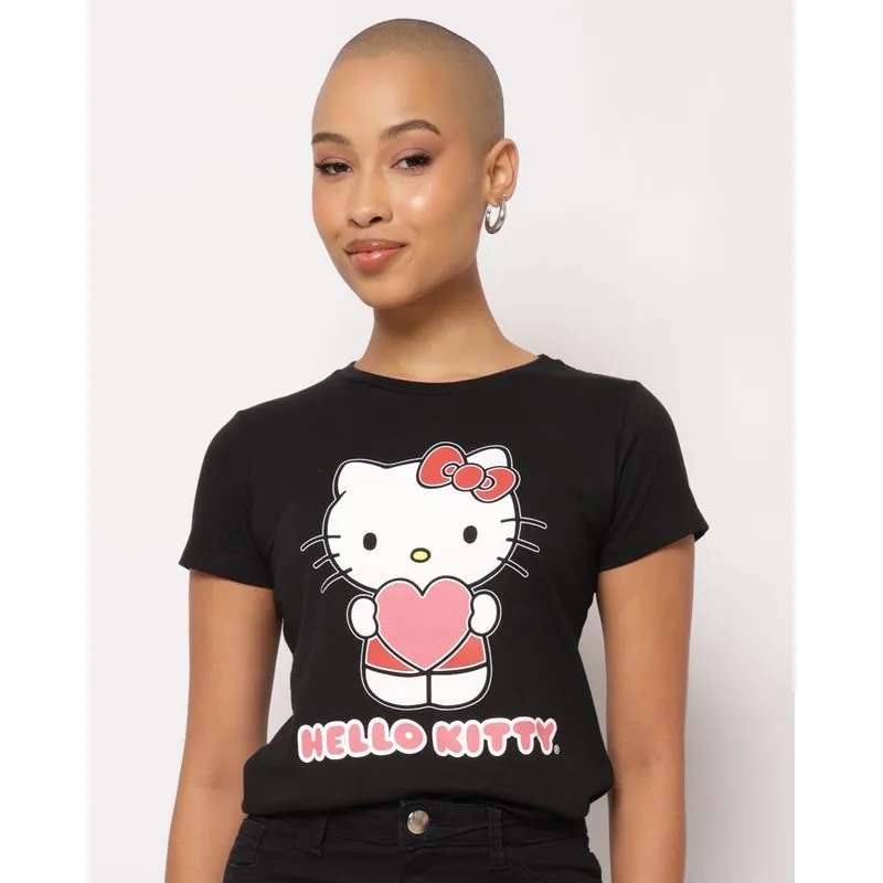 Camiseta Feminina Algodão Hello Kitty Manga Curta Preta M