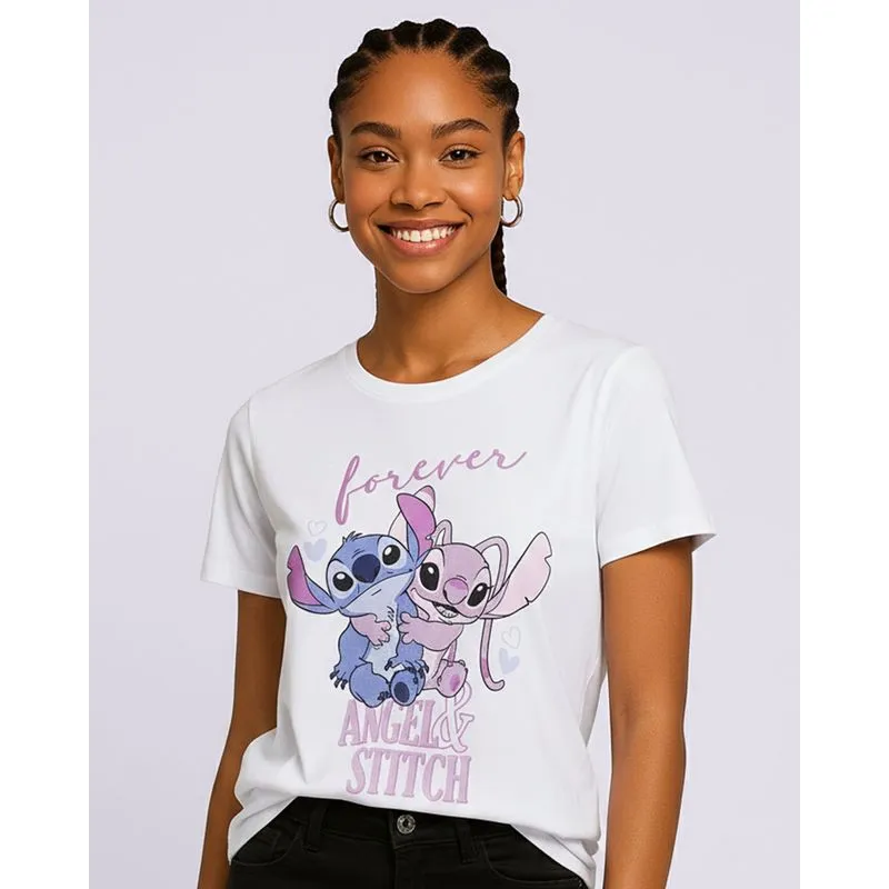 Camiseta Feminina Algodão Disney Stitch e Angel Manga Curta Branca G
