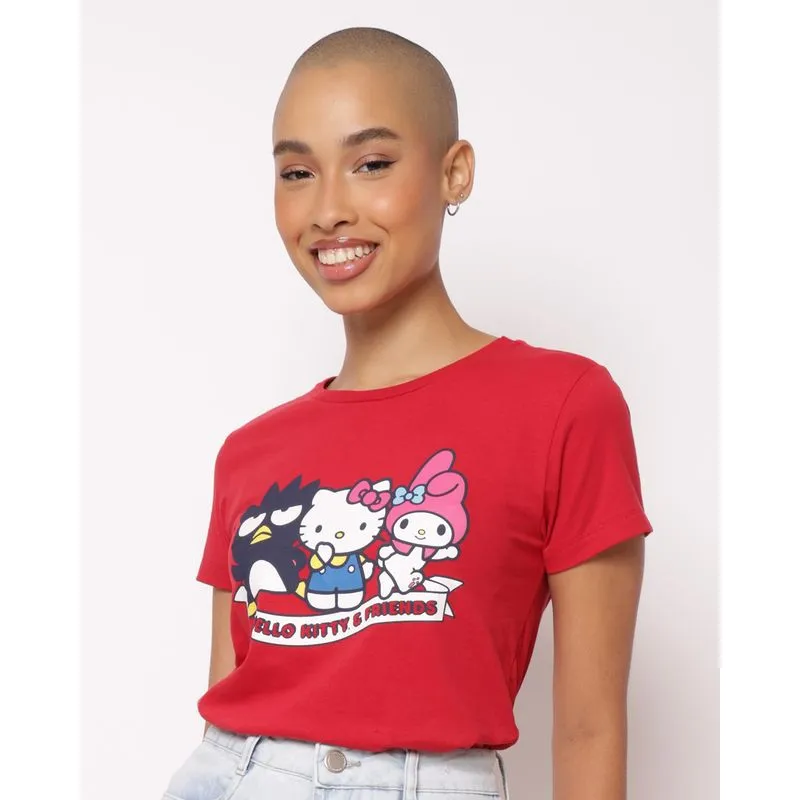 Camiseta Feminina Algodão Hello Kitty e Seus Amigos Manga Curta Vermelha G