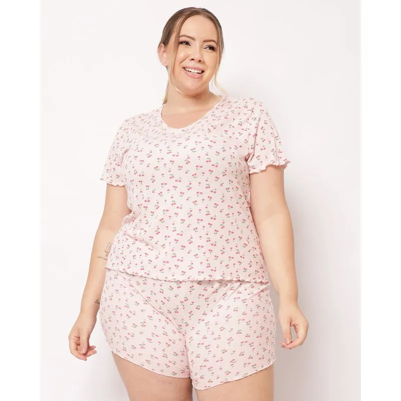 Pijama Plus Size Feminino Curto Ribana Estampado Cerejas Rosa 52