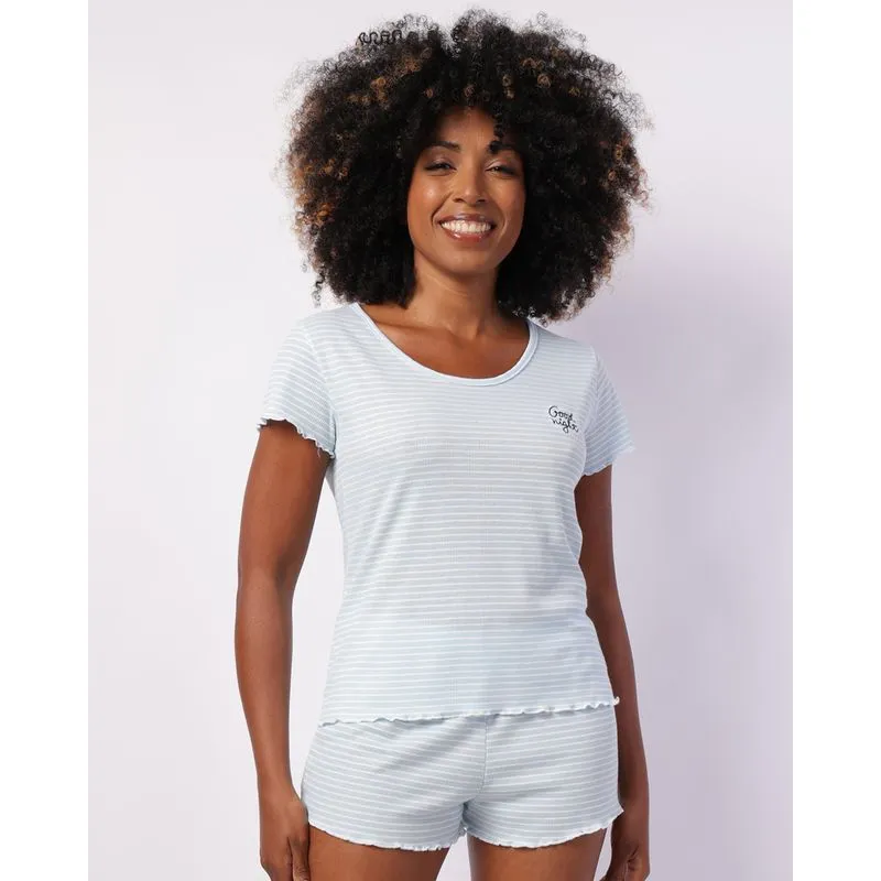 Pijama Feminino Curto Ribana com Frufru Listrado Azul G