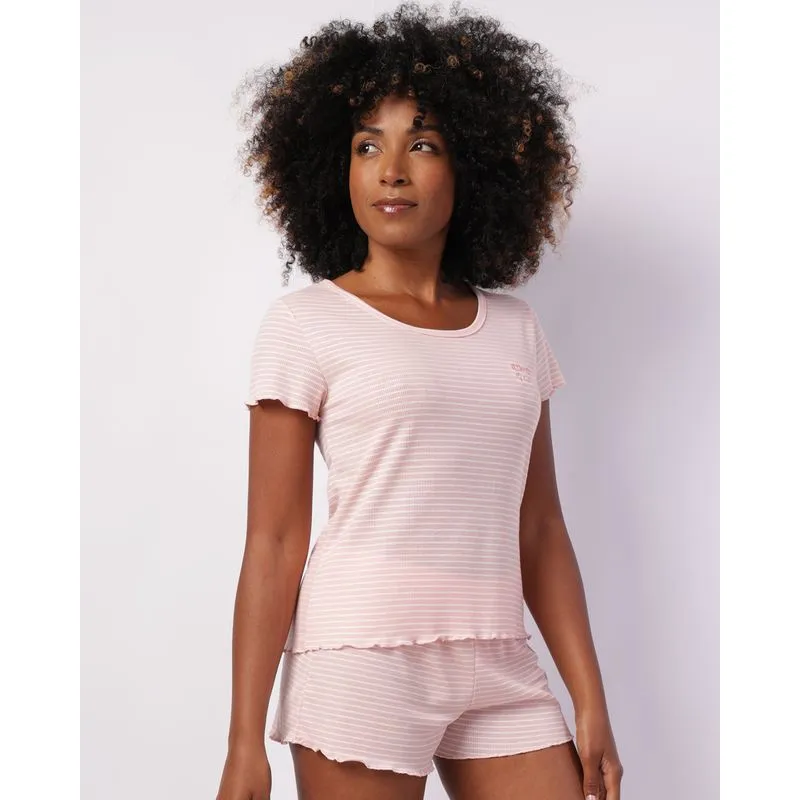 Pijama Feminino Curto Ribana com Frufru Listrado Rosa M