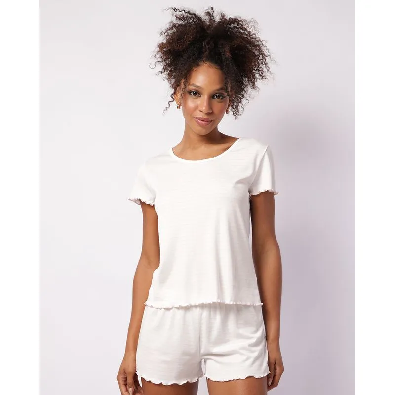 Pijama Feminino Curto Listrado Frufru Off White M