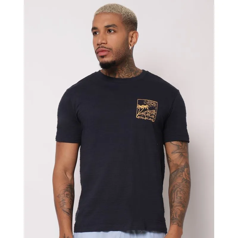 Camiseta Masculina Algodão Texturizada Estampa Frontal Marinho G