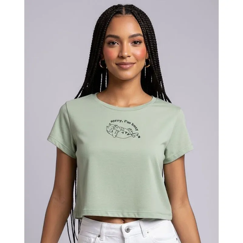 Camiseta Feminina Cropped com Estampa Frontal Verde P