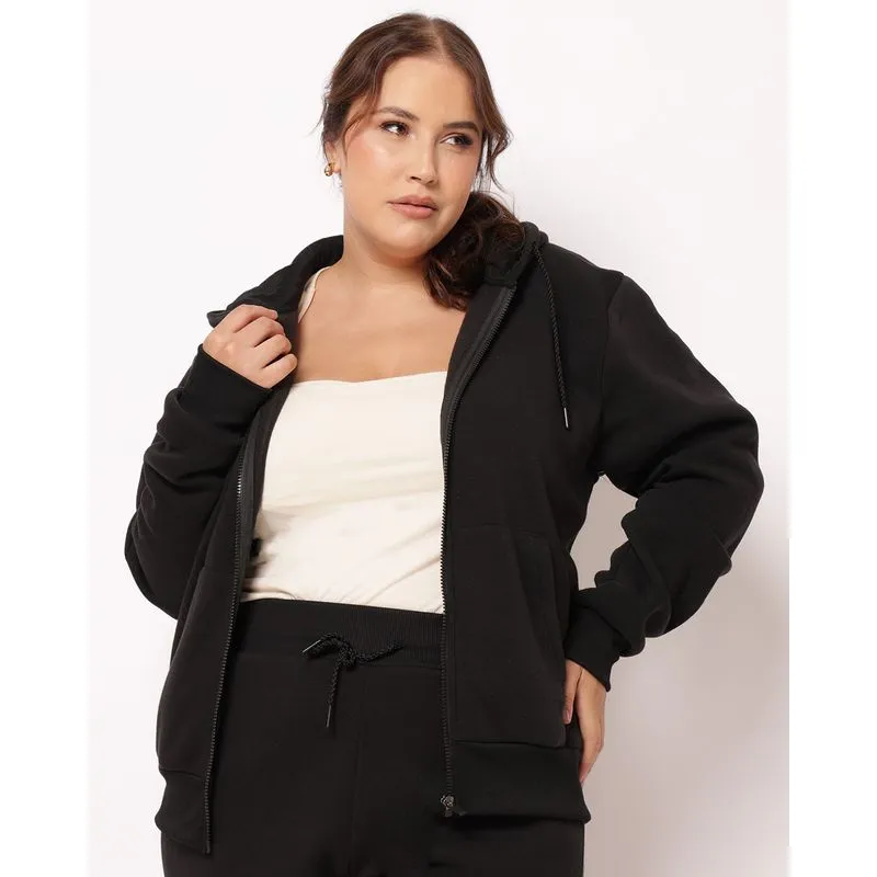 Jaqueta Moletom Plus Size Feminina Com Capuz Bolsos Preta G1