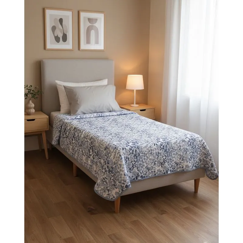 Colcha Solteiro Andreza 150cm x 240cm Estampada Floral Azul UN