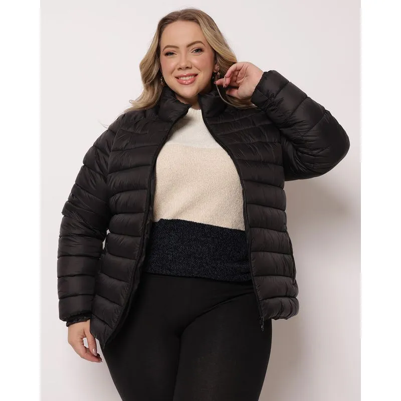 Jaqueta Plus Size Feminina Puffer com Bolsos Preta G2