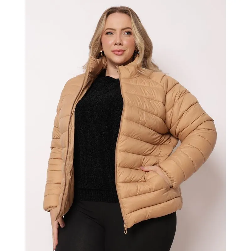 Jaqueta Plus Size Feminina Puffer com Bolsos Bege G3