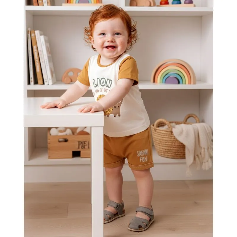 Conjunto Bebê Curto Algodão Estampa Leão Bege G