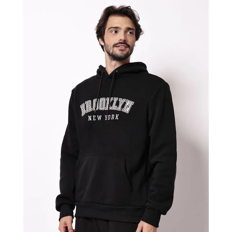 Blusão Moletom Masculino com Capuz Bolso Canguru Preto P