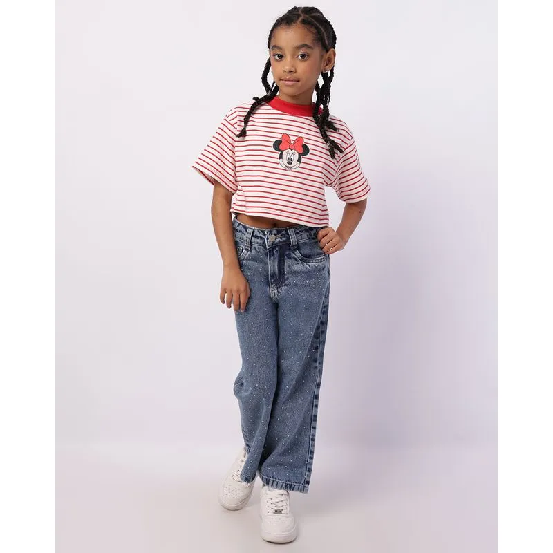Calça Jeans Infantil Wide Leg Aplicação Strass Azul 6
