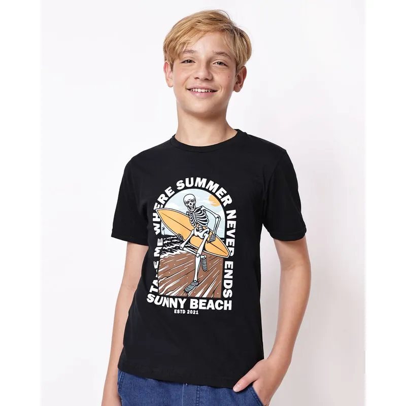 Camiseta Juvenil Algodão Manga Curta Estampa Tropical Preta 18
