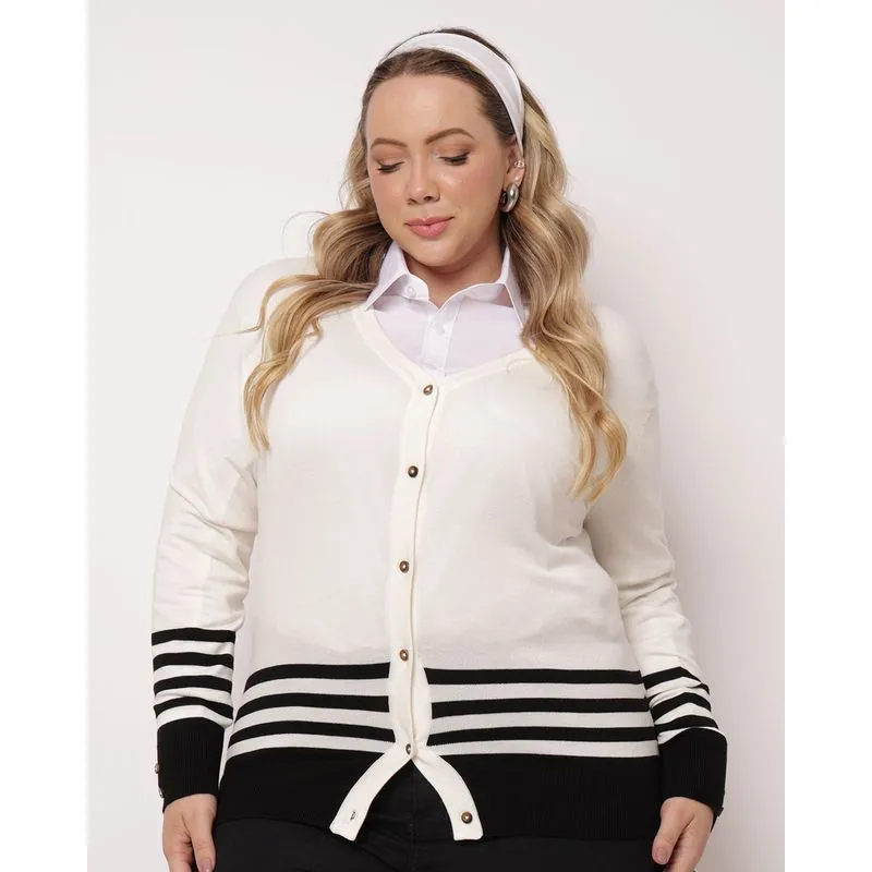 Cardigan Plus Size Feminino Tricô Listrado com Botões Off White G2