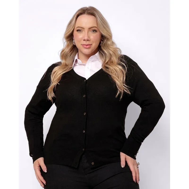 Cardigan Plus Size Feminino Tricô Liso com Botões Preto G1