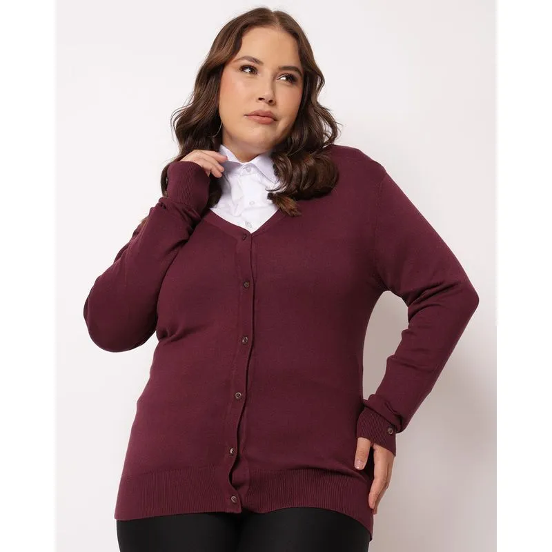 Cardigan Plus Size Feminino Liso com Botões Vinho G1