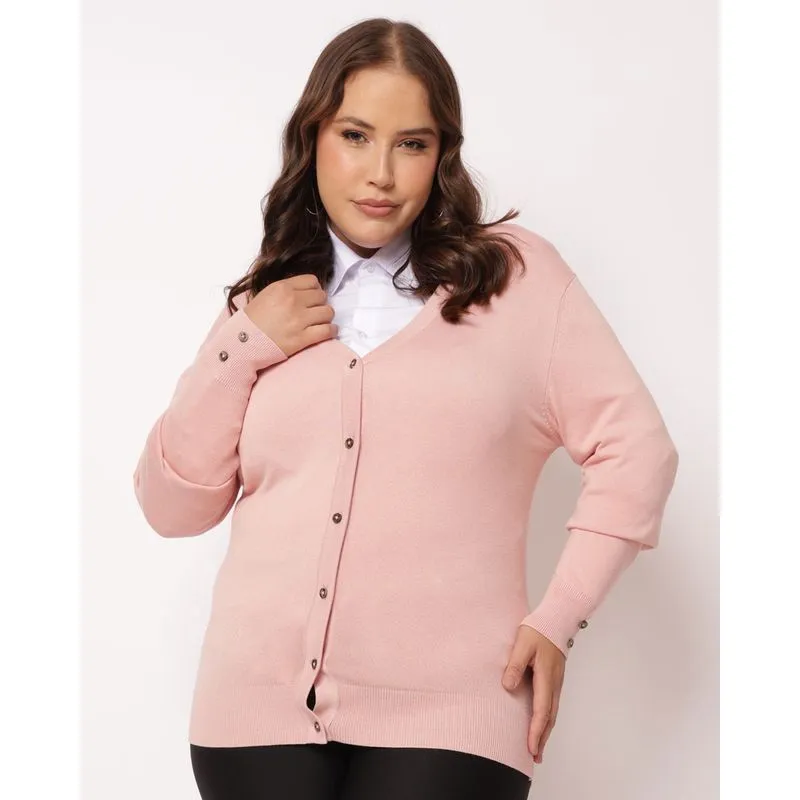 Cardigan Plus Size Feminino Decote V Rosa G1