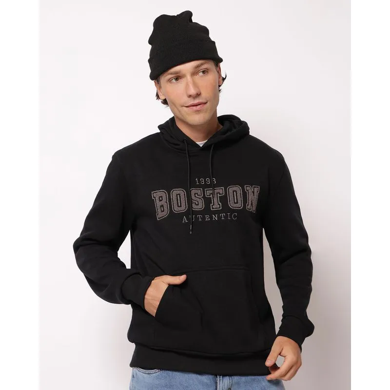 Blusão Moletom Masculino Bordado Boston com Capuz Preto G
