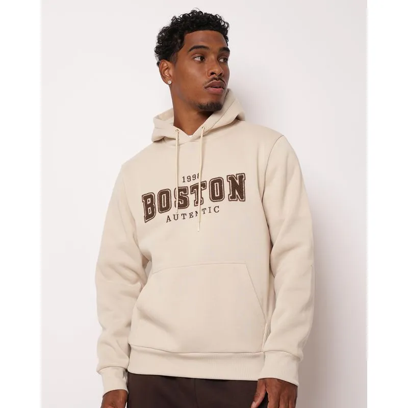 Blusão Moletom Masculino Bordado Boston com Capuz Bege M