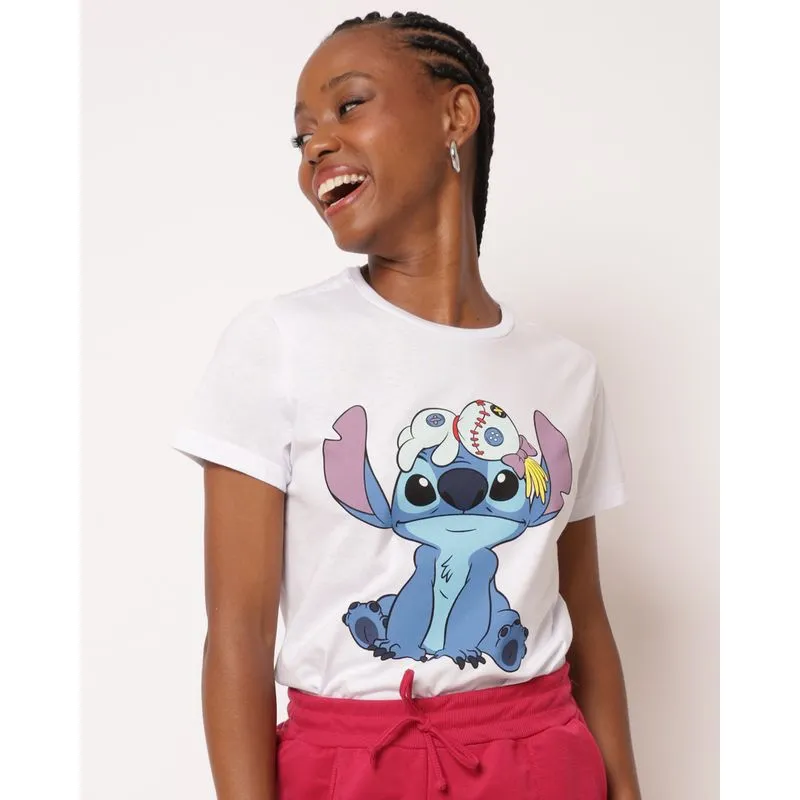 Camiseta Feminina Algodão Disney Stitch Manga Curta Branca G