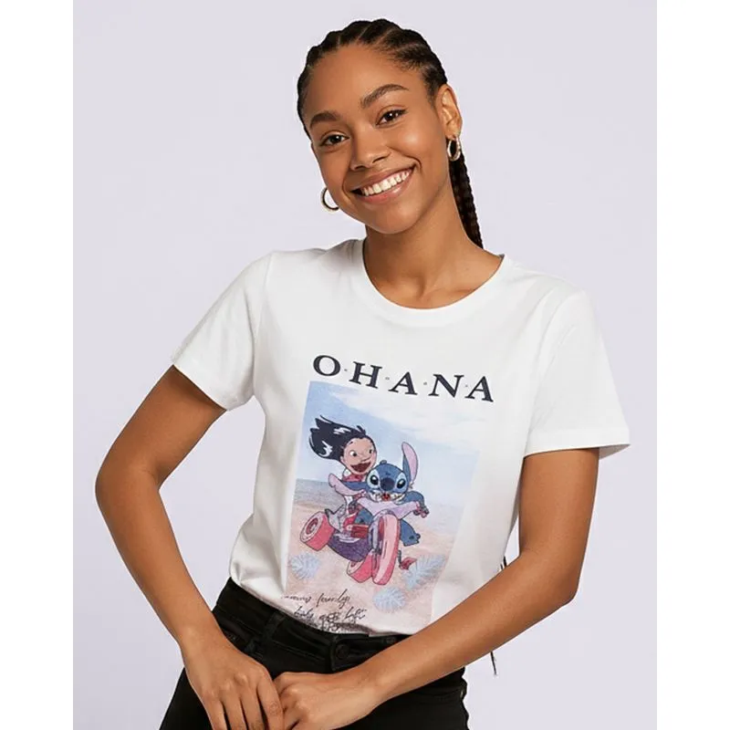 Camiseta Feminina Algodão Lilo e Stitch Manga Curta Branca GG