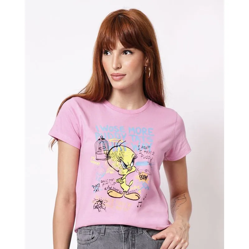 Camiseta Feminina Algodão Looney Tunes Piu-Piu Rosa GG