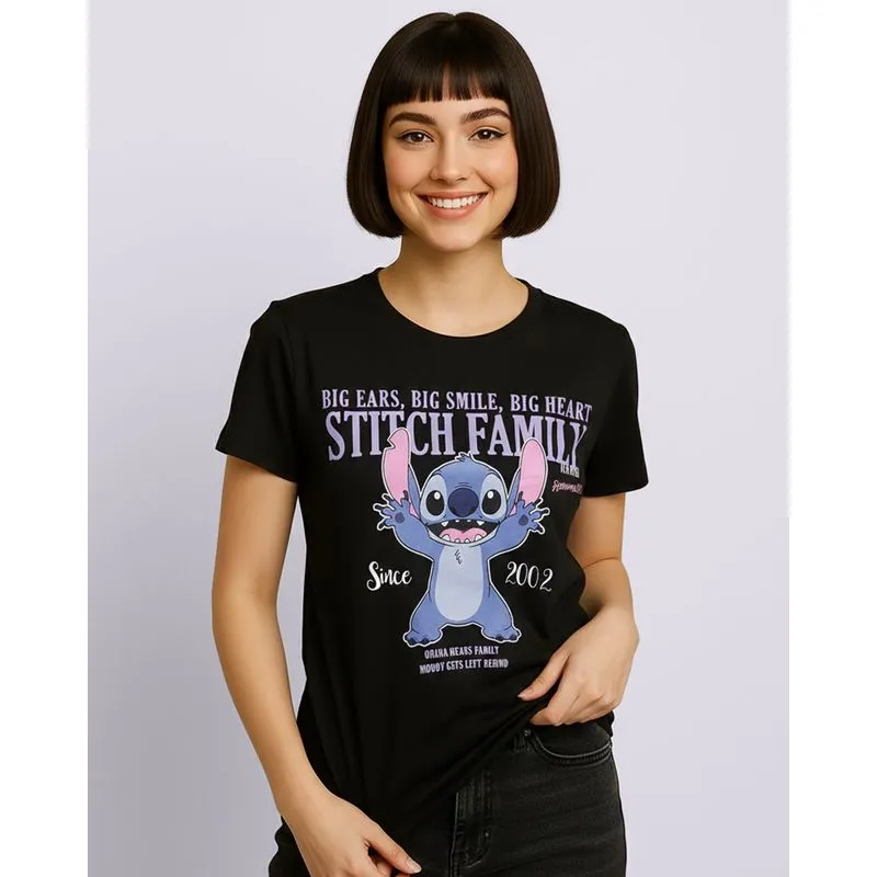 Camiseta Feminina Algodão Estampa Disney Stitch Preta M
