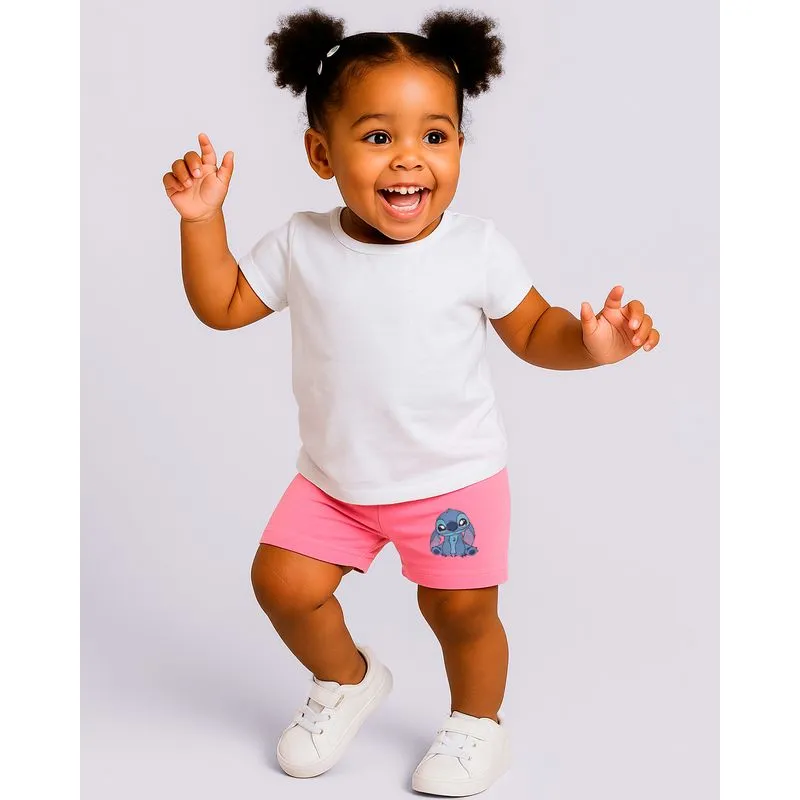 Bermuda Bebê Ciclista Algodão Disney Stitch Rosa 1