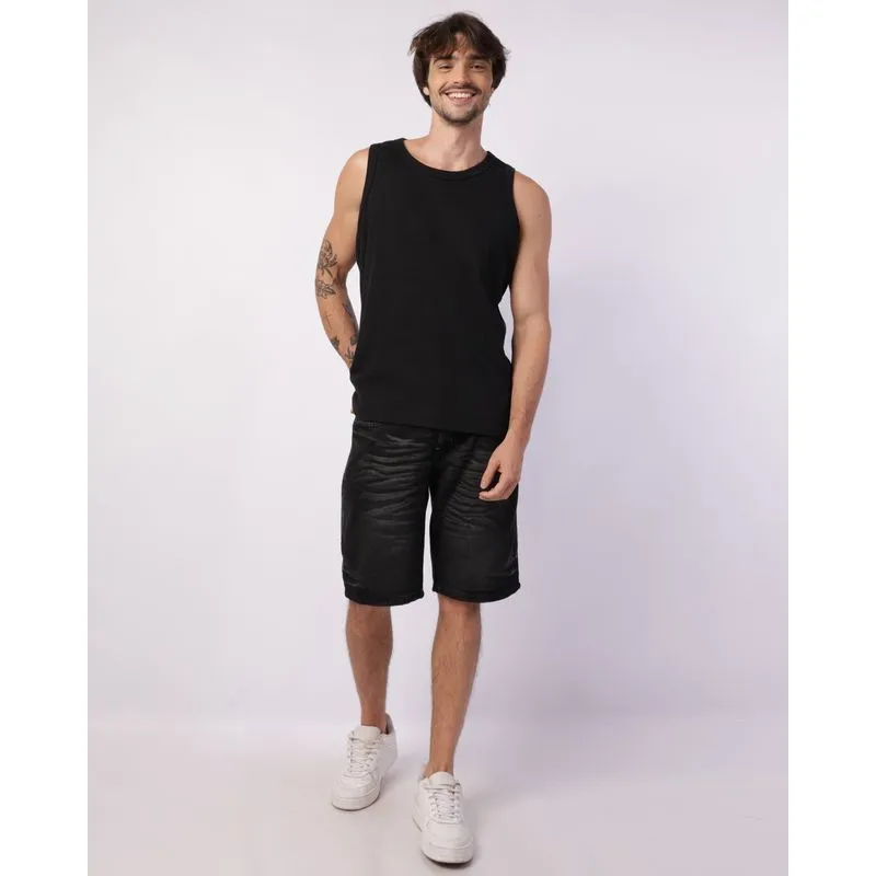 Bermuda Jeans Masculina Reta com Bolsos Estonada Preta 42