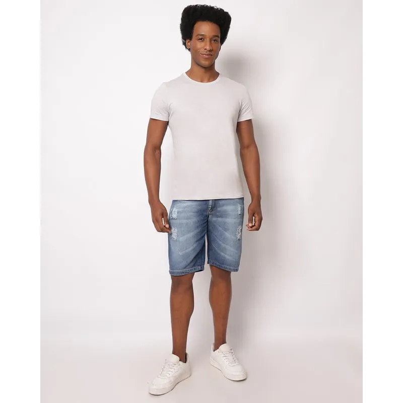 Bermuda Jeans Masculina Reta com Puídos Azul 36