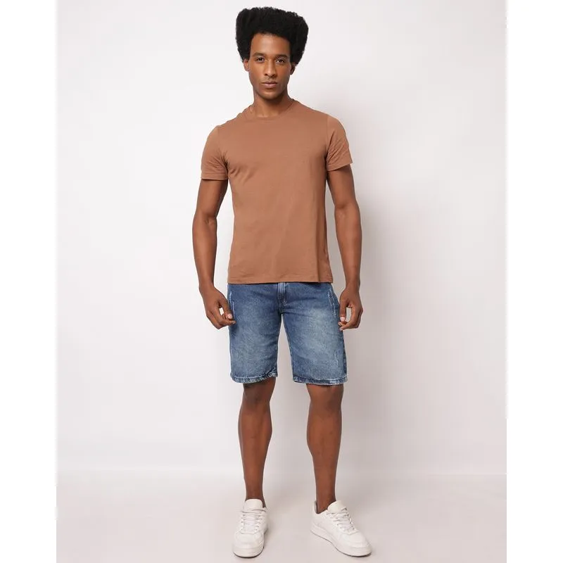 Bermuda Jeans Masculina Reta Marmorizada com Puídos Bolsos Azul 36