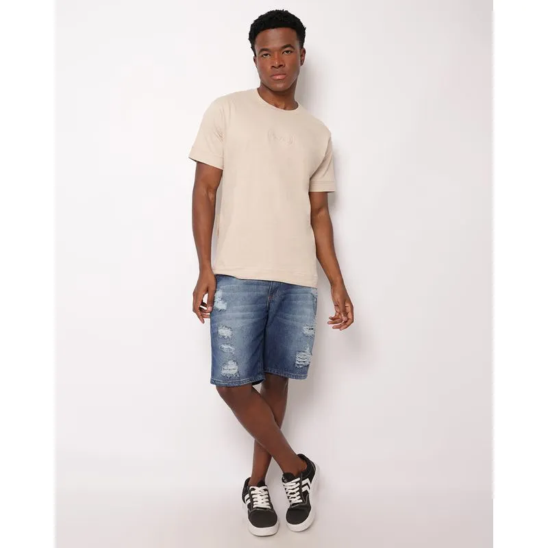 Bermuda Jeans Masculina Reta com Bolsos Puídos Estonada Azul 36
