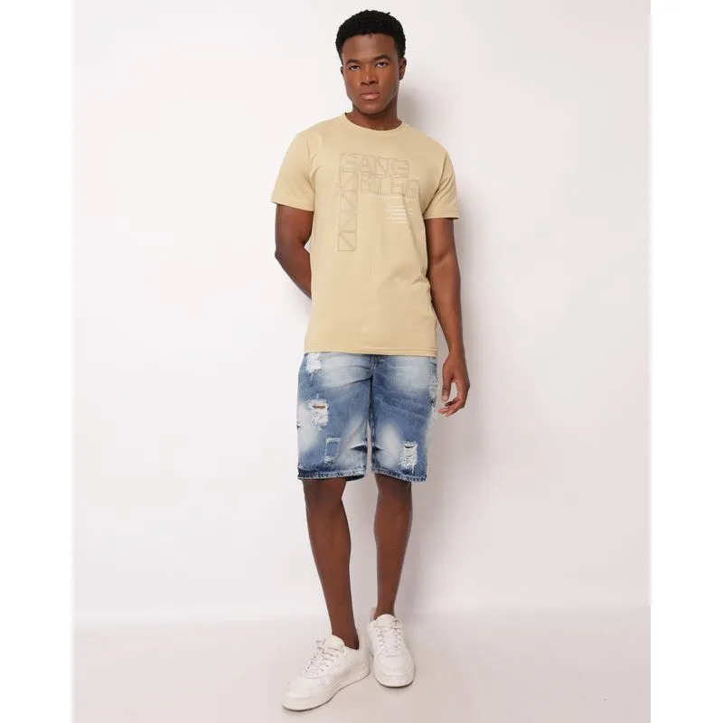 Bermuda Jeans Masculina Reta Destroyed Estonada com Bolsos Azul 38
