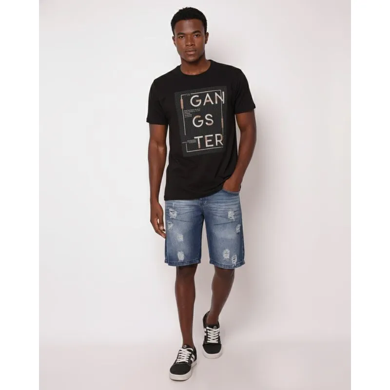 Bermuda Jeans Masculina Reta Destroyed com Bolsos Azul 36