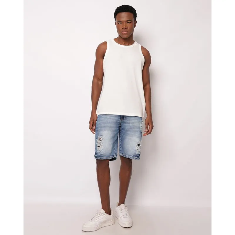 Bermuda Jeans Masculina Reta Destroyed Estonada com Bolsos Azul 40