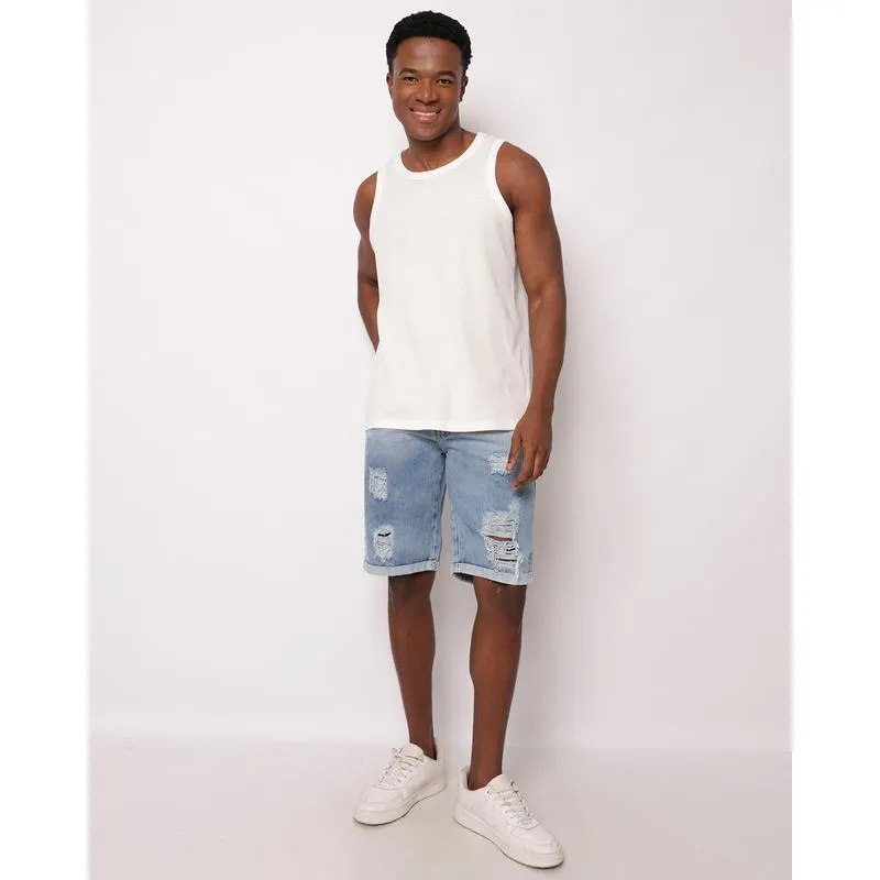 Bermuda Jeans Masculina Reta Destroyed com Bolsos Barra Dobrada Azul 48
