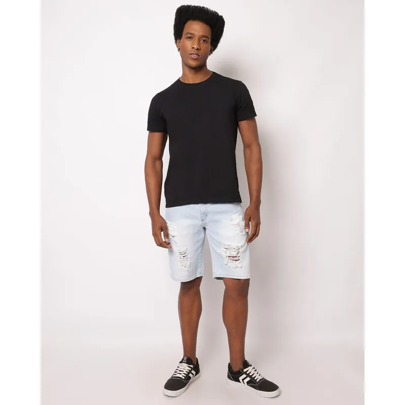 Bermuda Jeans Masculina Reta Delavê Destroyed Azul 44