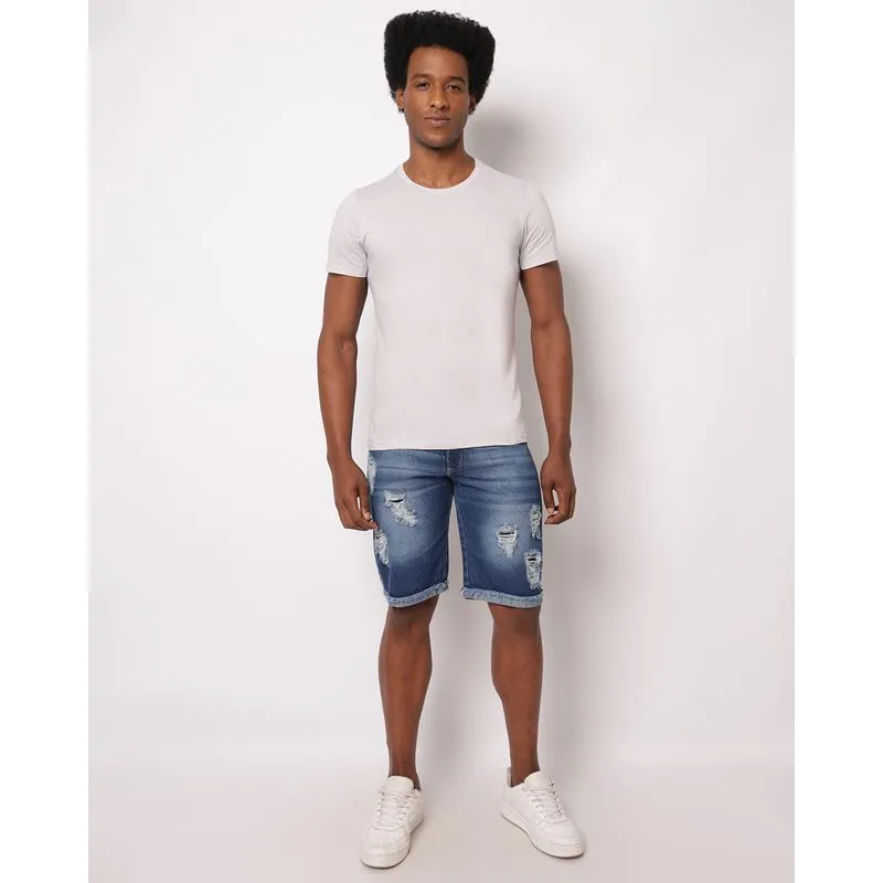 Bermuda Jeans Masculina Reta Destroyed Barra Dobrada Azul 46