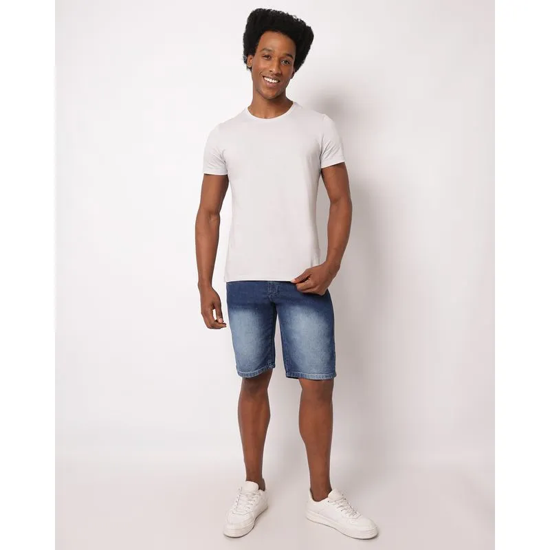 Bermuda Jeans Masculina Reta Estonada com Bolsos Azul 36
