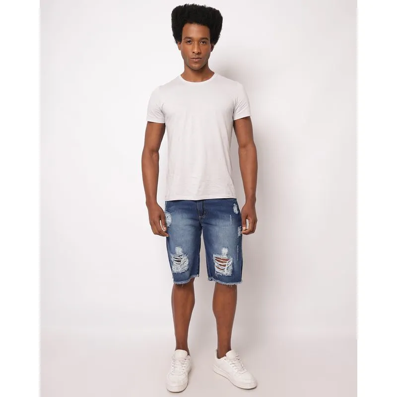 Bermuda Jeans Masculina Reta Destroyed Estonada Barra Desfiada Azul 46