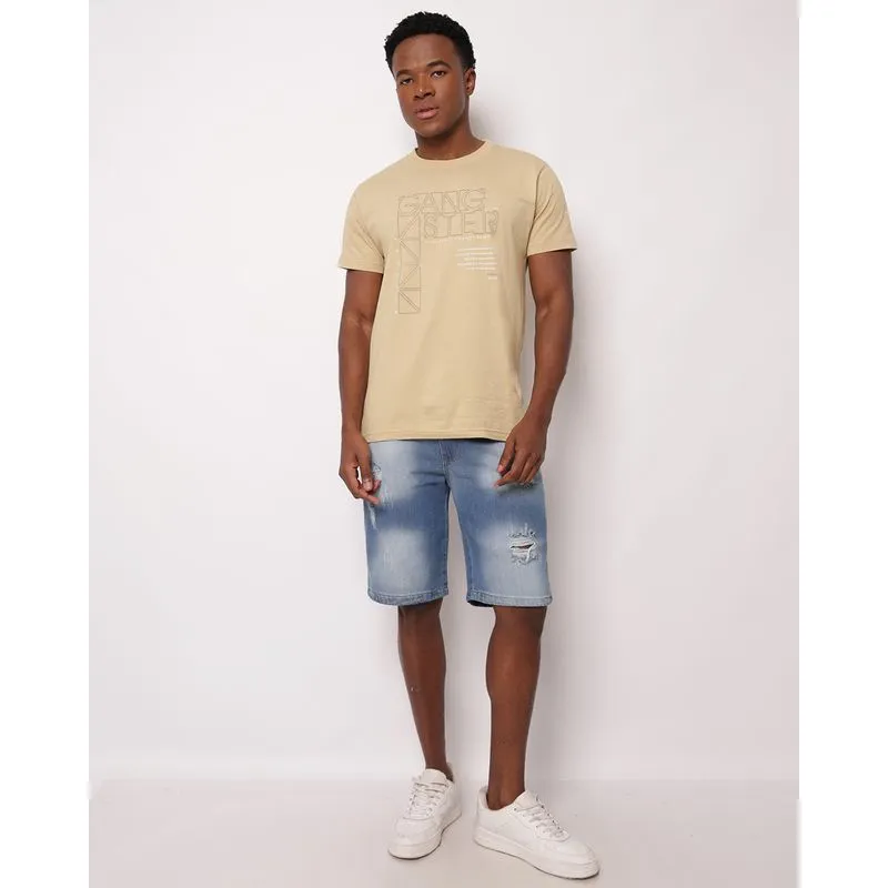 Bermuda Jeans Masculina Reta Destroyed Estonada com Bolsos Azul 38