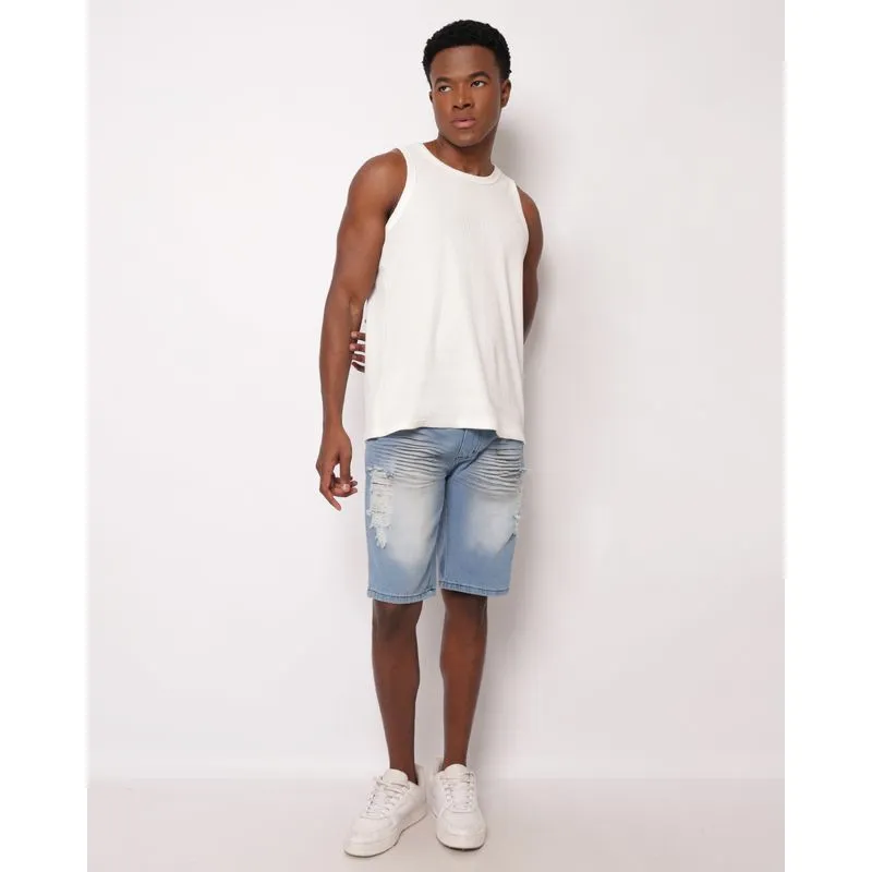 Bermuda Jeans Masculina Reta Destroyed Estonada com Bolsos Azul 46