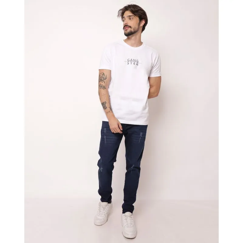Calça Jeans Masculina Slim com Bolsos Puídos Azul 46