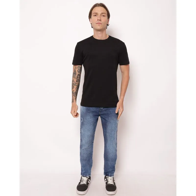 Calça Jeans Masculina Slim Marmorizada com Puídos Bolsos Azul 42