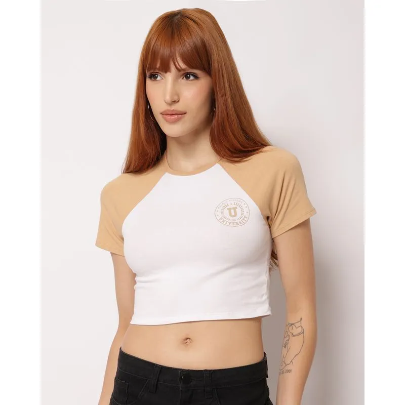 Blusa Feminina Algodão Cropped Manga Raglan Bege M