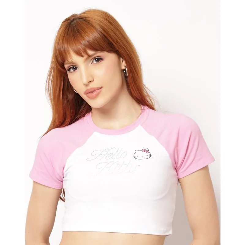 Camiseta Feminina Cropped Algodão Hello Kitty Branca M