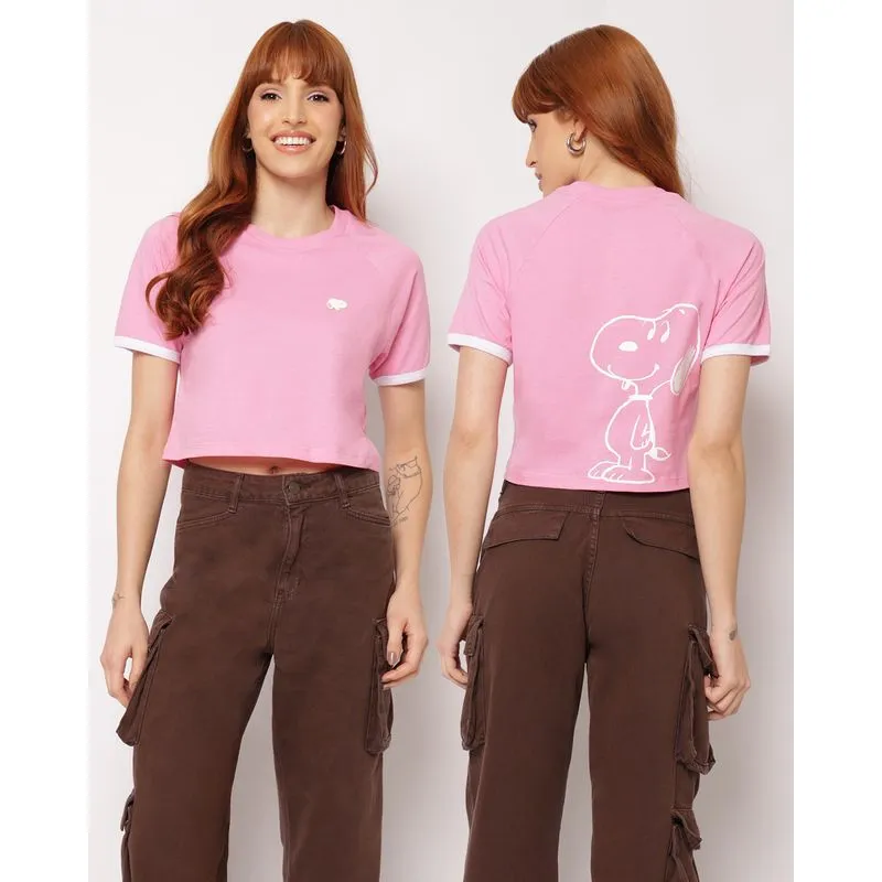 Camiseta Feminina Cropped Algodão Snoopy Manga Curta Rosa M
