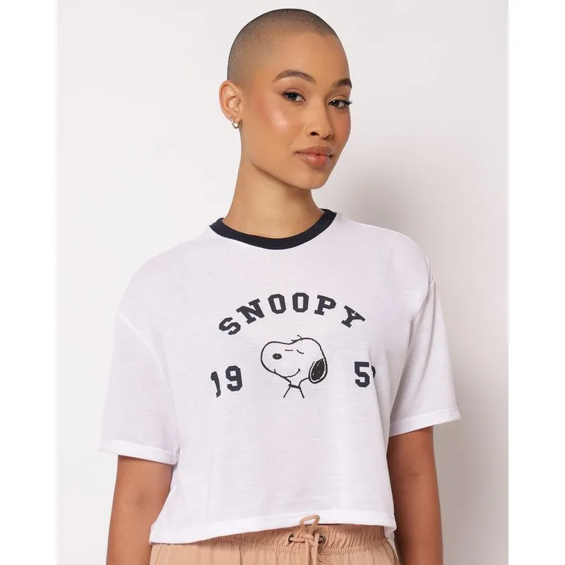 Camiseta Feminina Cropped Snoopy Manga Curta Branca P