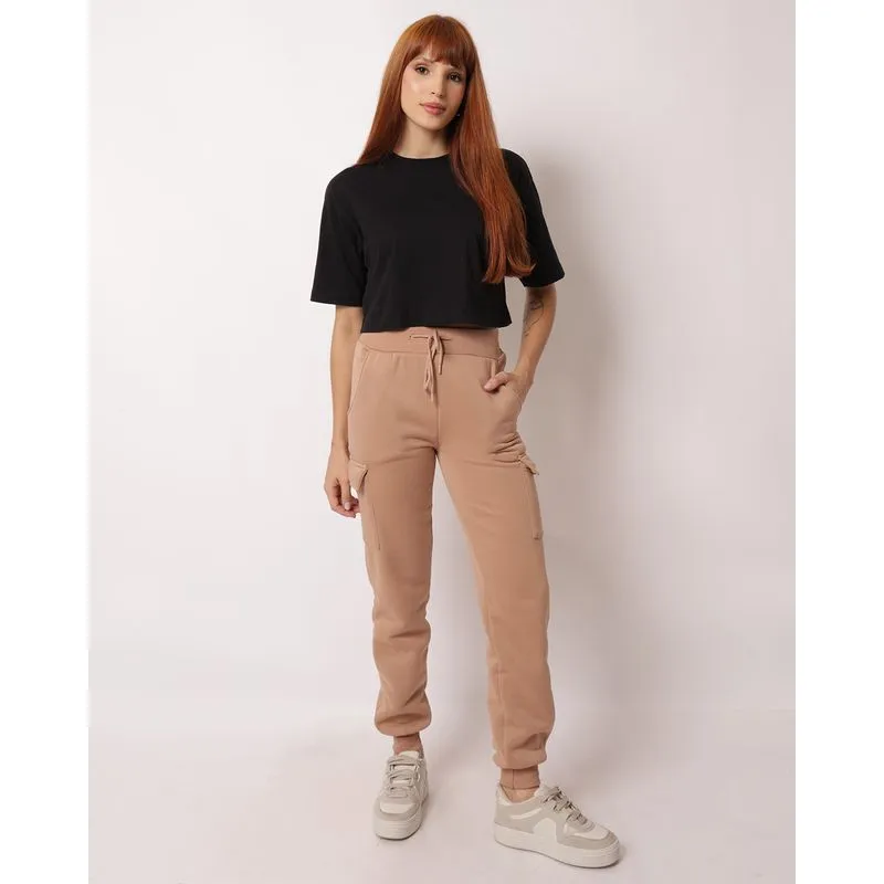 Calça Moletom Feminino Jogger com Bolsos Bege P