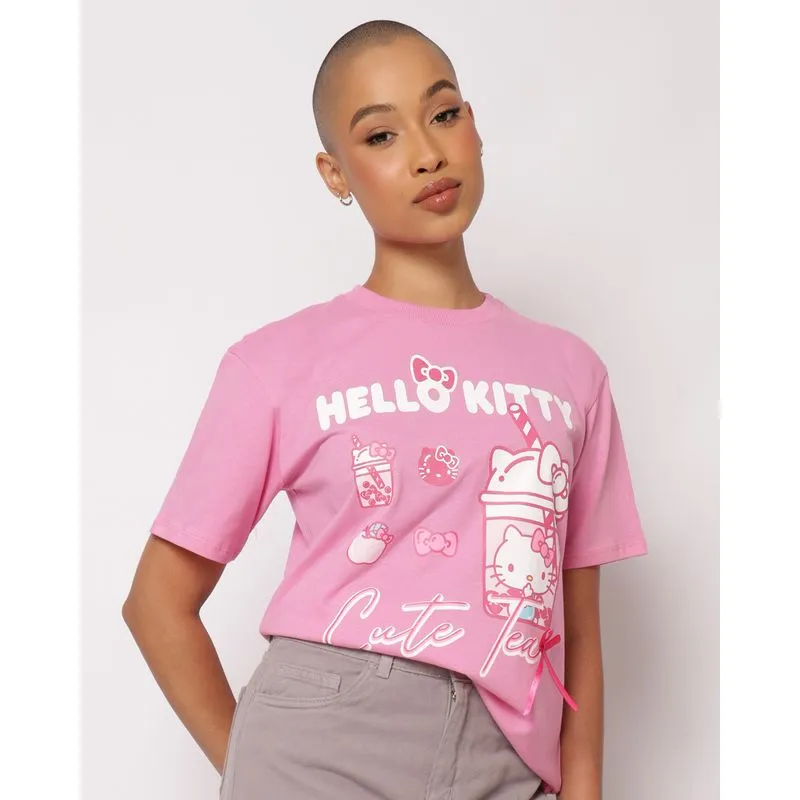 Camiseta Feminina Oversized Algodão Hello Kitty Manga Curta Rosa M